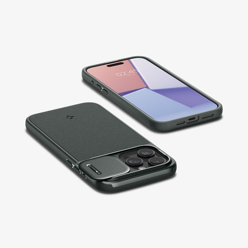 ACS06599 - iPhone 15 Pro Max Case Optik Armor (MagFit) in black showing the back with lens slot open